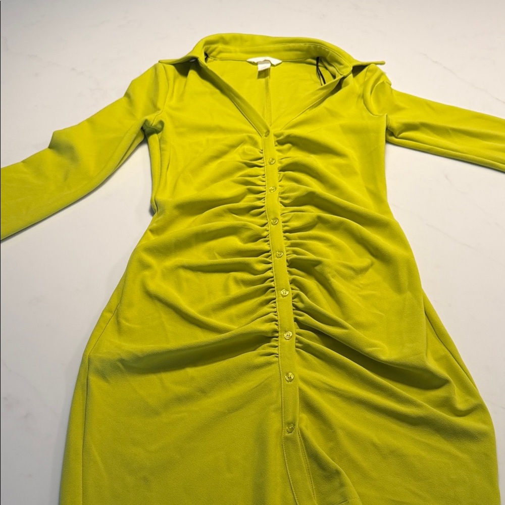 H&M Lime Green Ruched Button-Front Dress size S - Picture 3 of 10